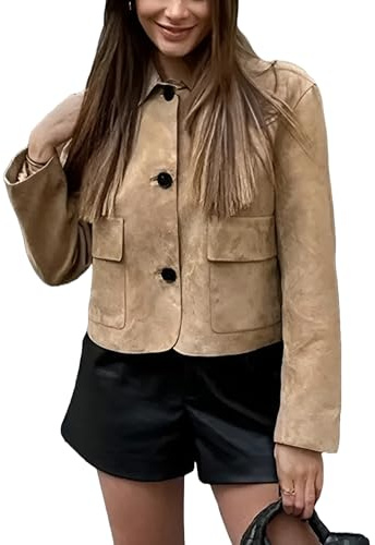 A&M Express Chaqueta corta de piel de ante marrón con botones negros para mujer, ropa de abrigo vintage elegante, marrón, XS