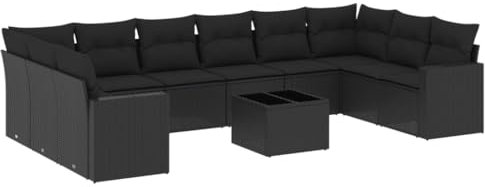 HETFTJN Balkon Eckbank Lounge Sofa Outdoor Big Sofa Küchensofa - 11-TLG. Garten-Sofagarnitur mit Kissen Schwarz Poly Rattan für Terrasse Speisesaal Garten Schwimmbad
