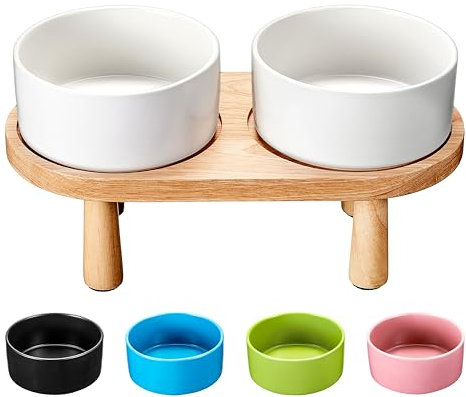 MOPANG Elevated Dog Bowls Ceramic for Large Breed, 8 Dog Food and Water Bowl Set with Wood Stand, 7.5 Cups Dog Bowl Raised, 64FL.OZ * 2, Ivory White