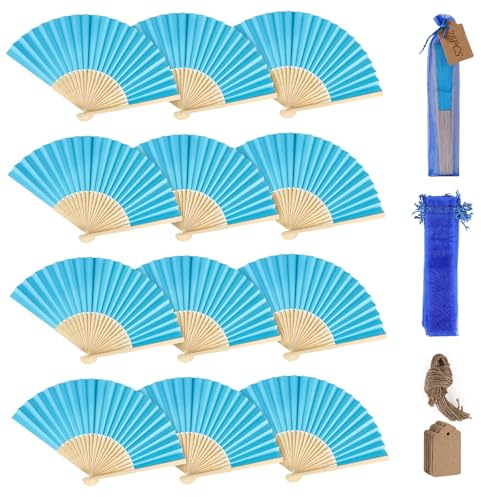 SWAWIS 28 Stück Fächer Hochzeit Blau Handfächer Fecher Faltbare mit Organzasäckchen und DIY Etiketten Papierfächer für eine Abkühlung im Sommer Hochzeit Geburttag Party Taufe Gastgeschenk