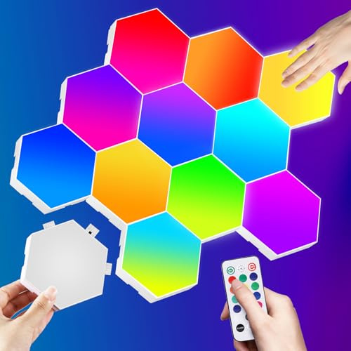 12PCS Hexagon LED Sechseck Gaming Wandleuchte, Wandleuchten RGB mit Fernbedienung und Berühren, Intelligente Gaming Deko Lampe DIY Geometrie Spleißen Leuchte LED Panel für Gamer Zimmer Room Decor