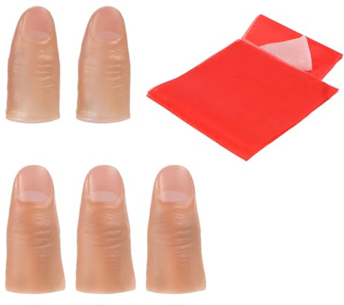 Lot de 5 pièces de pouce magique, astuces magiques, pointe du pouce, doigts en plastique souple, accessoires magiques et 1 chiffon d'entraînement rouge pour articles magiques et fête