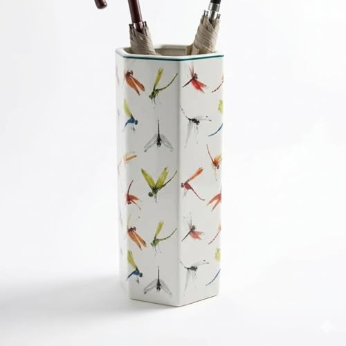 Elegant & Vintage-Inspired Ceramic 18 Hexagonal Umbrella Stand with Distressed Glazed Finish Stylish Vase for Unique Home Decor with Walking Sticks Stand for Home (Square Colourful Dragonfly)