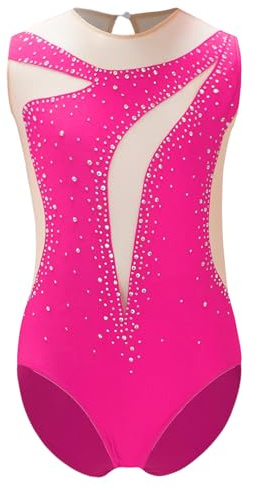 Hedmy Leotardos Danza Niña de sin Mangas Maillot Gimnasia Ritmica Brillantes Body Empalme de Malla con Pedrería Disfraz de Bailarina Ballet Rosa caliente 7-8 años