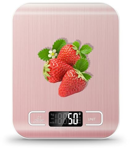 Bilancia da cucina da 5 kg, con 6 unità funzione tara e display LCD, 0,05 oz/1 g, bilancia digitale per alimenti, in acciaio inox, per cottura, dieta e preparazione dei pasti (rosa)