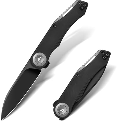 FLISSA Fickkniv, fällkniv, D2 rostfritt stål med svart titanbeläggning, vass utomhus och överlevnadskniv med G10-handtag, EDC-kniv med bältesklämma, för vardag, utomhus, jakt, camping, Grå