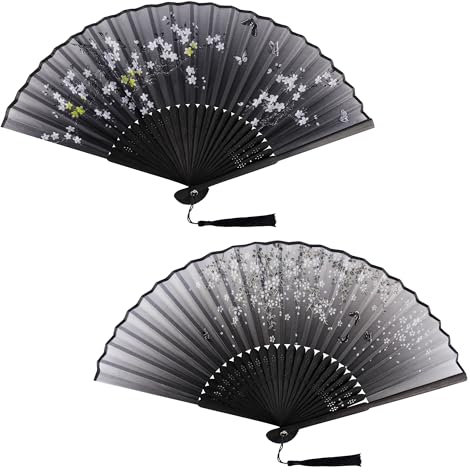 2 Stück Fächer Handfächer Bambus Schwarz Fecher Seide Stoff Chinesische Japanische Hand Fan mit Quaste für Damen Hochzeit Gäste Kinder Mädchen Sommer