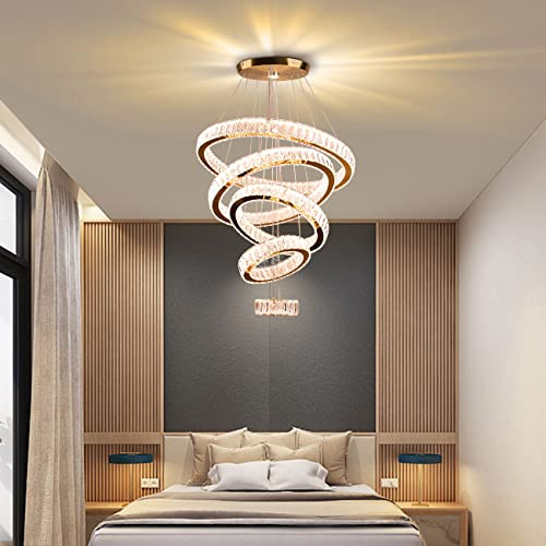 Dixun LED Kristall Kronleuchter Modern 5 Ringe Hängelicht verstellbare Deckenleuchte für Schlafzimmer Esszimmer Küche (Warm Weiß) Ceiling Light for Bedroom Dinning Room Kitchen
