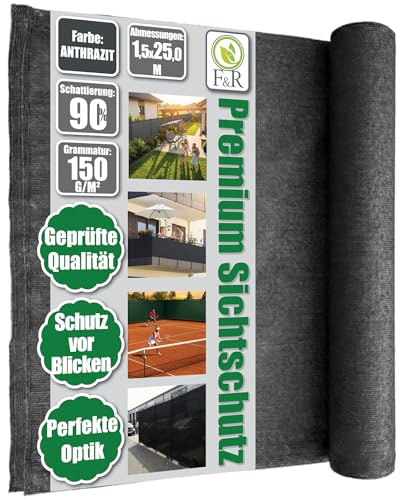 F & R Sichtschutz Garten Zaunblende I Sichtschutz Zaun I Schattiernetz Antrazit PE 1,5m x 25m 150g/m² I Sichtschutzmatte Für Zaun Gartenzaun Gartensichtschutz UV-Stabil Wetterfest