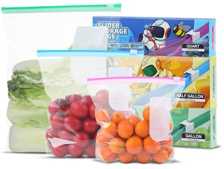TAIYUNWEI 65PCS Zip Lock Food Storage Freezer Bags(65 Pack-3 Size) | Reusable Sandwich Bags with Expandable Bottom-Freezer&Microwave Safe-Resealable for Sanwich, Fruit, Snack,Veggie,Grain,Meat