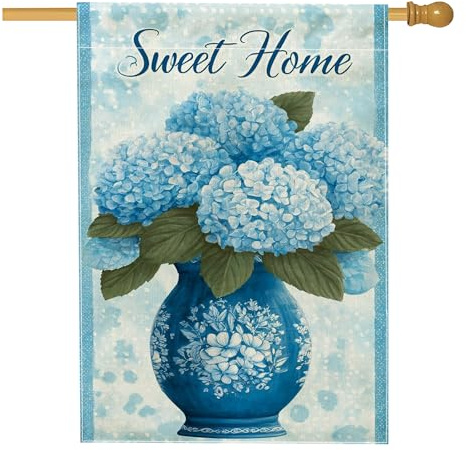 Bandiera da giardino con ortensia blu, striscione vintage floreale per la casa, bandiera decorativa da prato su entrambi i lati, per la primavera e l'estate, decorazione per esterni, tema dolce per la