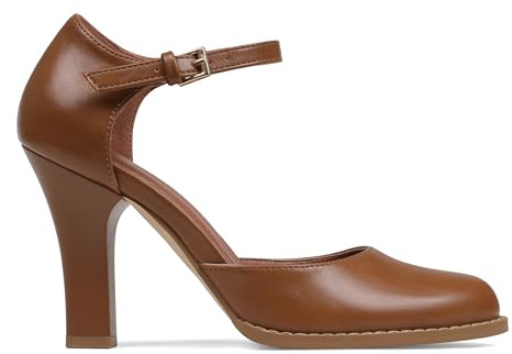 MeiLuSi Womens Chunky High Heels Closed Toe Heels Ankle Strap Pointy Pumps Retro D'Orsay Dress Party Shoes Mary Janes, Lightbrown Heels, Size 10