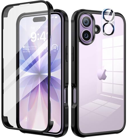 seacosmo für iPhone 17 Hülle mit eingebautem Panzerglas Displayschutz und Kamera Schutzfolie [9H HD], 360 Grad Handyhülle Ganzkörper Stoßfeste iPhone 17 Case - Schwarz