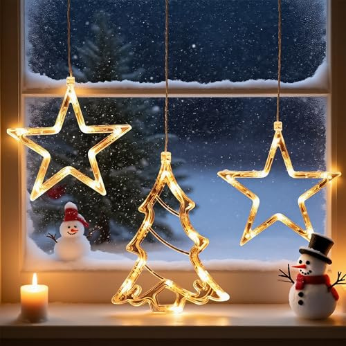 Weihnachtsdeko Fenster Lichter, 3er Set LED Fensterlichter-Fünfzackiger Stern*2PCS, Weihnachtsbaum*1PC, AAA Batteriebetrieb, Timer, Saugnapf Fensterschmuck für Innen, Ohne Batterie