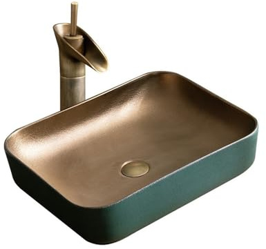Vasque à Poser Lavabo rectangulaire en céramique style rétro, 52 x 40 x 13 cm (L x l x H), for salle de bain Evier salle de bain