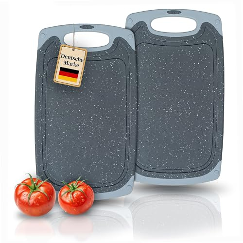 KPYTO 2 große Schneidebretter aus Kunststoff, 40 x 24 cm, Schneidebrett Set, spülmaschinenfest, beidseitig, rutschfest mit Saftrille, schwarze Bretter mit grauem Rand, Brettchen, Küchenbrett