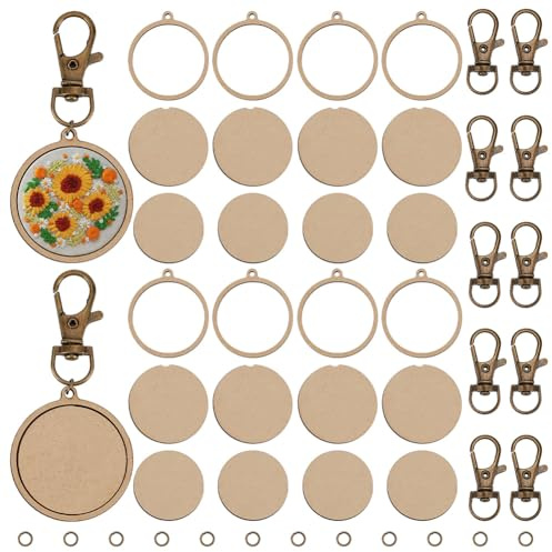 FREEBLOSS 12 Set Mini Stickrahmen Aus Holz Schlüsselanhänger Runde Stickrahmen Aus Holz Mit Schlüsselanhänger DIY Holzrahmen Für Stickerei Ohrringhaken Schlüsselanhänger Schmuckherstellungszubehör