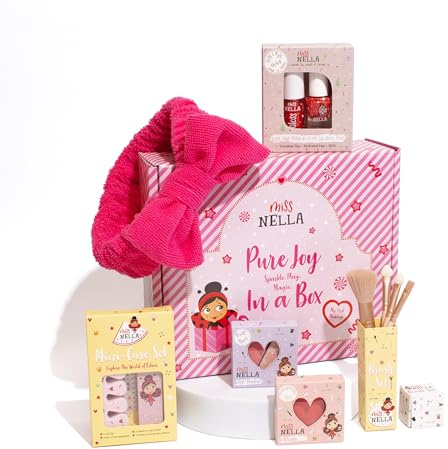 Miss Nella Sparkle - Set de cosméticos para niños con esmalte de uñas extraíble, mini kit de manicura para labios y uñas, diadema, colorete y sombra de ojos