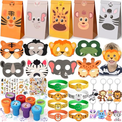 Tacobear 98Stk Dschungel Tiere Mitgebsel Kindergeburtstag Set mit Filz Tier Masken Schlüsselanhänger Silikonarmband Stempel Aufkleber Tattoos Safari Geburtstag Geschenktüten Gastgeschenke Give Aways