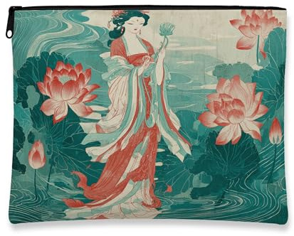 Water Lily Floral Cosmetic Bag, Vintage Asian Style Makeup Pouch for Women, Portable Canvas Zipper Organizer, Spring Skincare Travel Toiletry Bag, Teal, 7x9 Inch, Water Lily