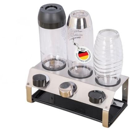 Flaschenhalter für SodaStream – 3er Edelstahl Abtropfständer mit herausnehmbarer Abtropfschale und Silikonschutzringe, Abtropfhalter mit Deckelhalter passend für Crystal & Emil Flaschen