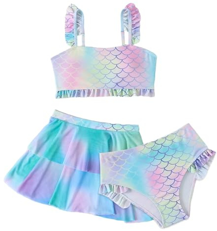 Xumplo Girls 3-Piece Mermaid Bikinis Set Kids Rainbow Fish Scale Swimming Costume with Skirt Tweens Bathing Suit
