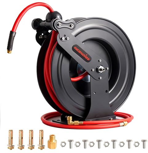 Automatische Druckluftschlauchtrommel Metall 20m + 2m, 20BAR, 3/8 Schlauch | Automatische Schlauchtrommel, Doppelarm Druckluft Schlauchaufroller für Werkstatt & Garage, Wand-, Decken- & Bodenmontage