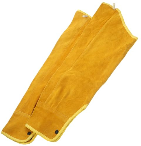 MOBUTOFU Mangas de Protección para Soldador de Piel de Vaca, Aislantes Térmicas, Resistentes al Calor, Puño Amarillo y Botón, 1 Par de Manguitos Duraderos para Trabajos de Soldadura