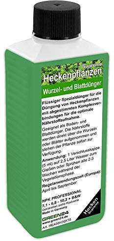 GREEN24 Heckenpflanzen Dünger Supreme - Spezialdünger für Laubhecken Nadelhecken Immergrüne Hecken Heckenpflanzen Liguster Thuja Buchsbaum Eibe Flüssigdünger NPK 250ml Konzentrat