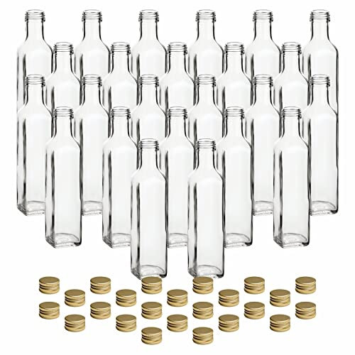 gouveo 24er Set Glasflasche 250 ml Maraska, eckig, Schraubverschluss PP31,5 (goldfarben) - leere Flaschen zum Befüllen für Likör, Schnaps, Sirup, Öl & Essig - spülmaschinengeeignet (MFET250G)