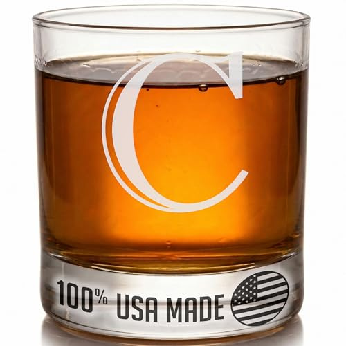 Etched Monogram 325ml Whiskey Rocks Glass (Letter C), A-Z Customised Bourbon Gin Rum Gifts Men, Personalised Whisky Tumbler Glass, Custom Engraved Gifts for Him, Initial, Name, Birthday, Retirement