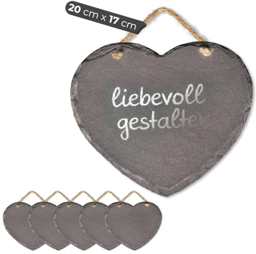 Schieferherz zum Aufhängen mit Juteband Schiefertafel Dekoration Wandeko (6, 17 cm Herz)
