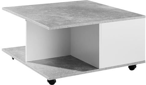 FineBuy Couchtisch 70x70x36,5 cm Zementgrau Weiß mit 2 Schubladen | Wohnzimmertisch mit Fächern für Kissen und Decken, Sofatisch mobil auf Rollen, Loungetisch mit Stauraum