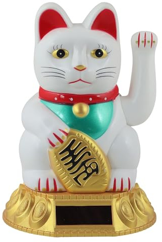 Freak Scene Glückskatze - Maneki-Neko - Winkekatze Solar - runder Sockel - 18 cm - weiß