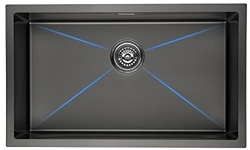 Lonheo Spülbecken Schwarz 74 x 44cm, Küchenspüle 1 becken, Spüle Edelstahl mit Siphon Über- und Ablaufgarnitur, Flächenbündig/Unterbau, XL Groß