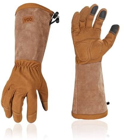 Vgo... Garening Gloves Men Long Sleeves in Leather with Touchscreen, Long Work Gloves Gauntlet Thorn Proof Heavy Duty for Yard Garden Agriculture(10/XL,SL6592-M,1Pair)