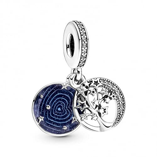 Pandora Moments Charm pendant Lune, Étoile et Arbre de vie en argent sterling avec zircones cubiques transparentes et émail bleu scintillant