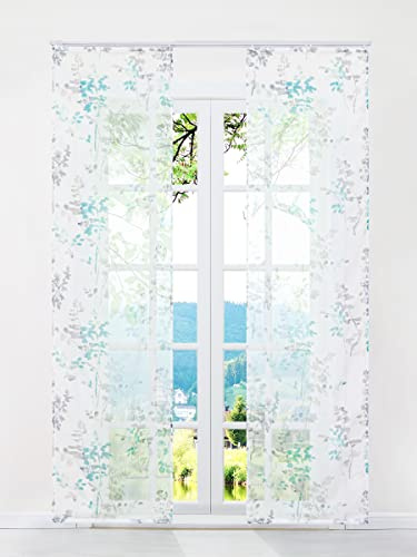 ESLIR Schiebegardinen Voile Flächenvorhänge Set 2er Gardinen mit Klettband Schiebevorhang Transparent Vorhang mit Blätter Muster Grün BxH 57x245cm 2 Stück