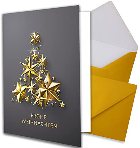 NEUSER PAPIER 5 XL Weihnachtskarten-Set DIN A5 mit goldenem Weihnachtsbaum aus Sternen - Faltkarten mit passenden Umschlägen DIN C5 Gold mit Nassklebung - Weihnachtsgrüße für Firmen und Privat