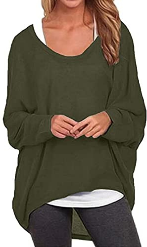 ZIOOER Femme Pull Casual Lâche Automne l'hiver Jumper Irrégulier Manches Chauve-Souris Longues Pull-Over Oversized Shirt G1 Armée Verte 2XL