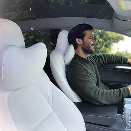 TESBEAUTY Lot de 2 Coussins d'appui-tête de Voiture améliorés en Cuir Nappa véritable pour Tesla Model Y, Model 3, Model X, Model S, Ajustement Universel, Blanc