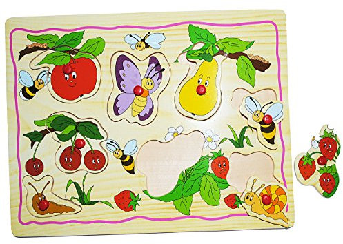 alles-meine.de GmbH Steckpuzzle mit Griffen - Obst/Tiere - aus Holz - 8 Teile - großes Holzpuzzle/Einlegepuzzle - Griff Legespiel - Rahmenpuzzle/Kinderpuzzle - Tierpuzz..