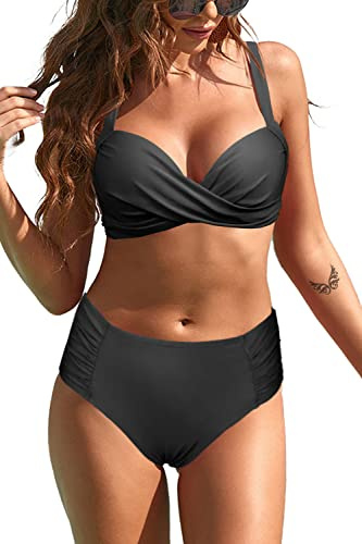 Rayson Dam bikinihållare tvådelad baddräkt rukad hög midja baddräkt rygglös vintage badmode strandkläder elegant, svart, S