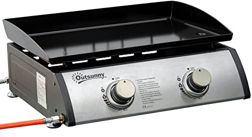 Outsunny Gas Plancha Barbecue Grill with 2 Stainless Steel Burner, 6kW, Portable Tabletop Gas BBQ with Non-Stick Griddle for Camping Picnic Garden Party Festival