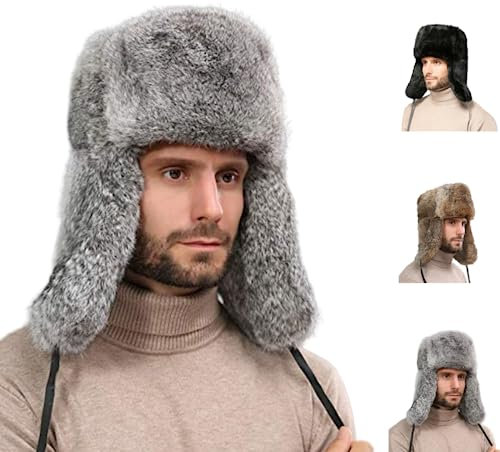 OSMARI Russische Wintermütze aus Kunstfell, Kosakenhut, Unisex, Pilotenmütze, Kunstleder, Pilotenmütze, Winter-Trappermütze, Ohrenklappe, Eskimo-Hut, Grau XXXL, L-3XL