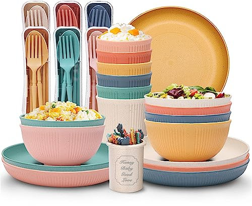 PIXESTT 61-teiliges Camping Geschirrset, Ein Geschirr Set enthält 61 Geschirr, Das Outdoor Geschirr Set in 6 Farben eignet sich für Familienessen, Picknick und Camping.