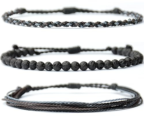 Handmade Natural Stone Beaded Healing Bracelet Gift for Men Adjustable Rope String Bracelet (Lava Rock, Adjustable)