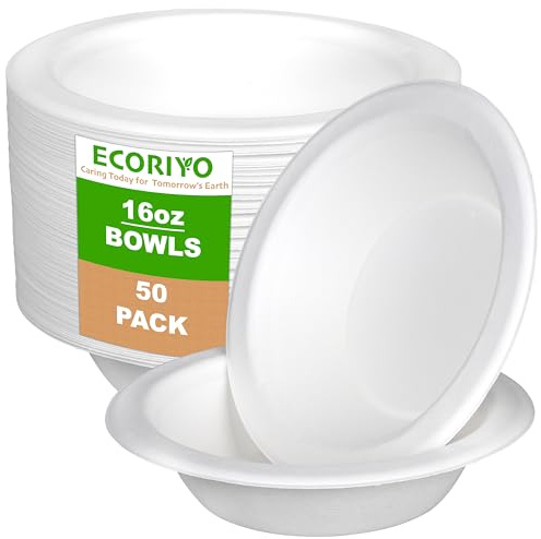 ECORIYO Sugarcane Disposable Bowls 16 Oz - 50-Pack of 480ml Biodegradable Paper Bowls, Compostable & Disposable Soup Bowls from Sugarcane – Bulk Pack of Heavy Duty Party Bowls