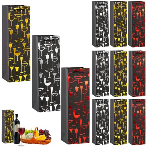 12 Stück Wein Geschenktasche, Schwarz Weinflaschenbeutel aus Kraftpapier, Flaschentüten Geschenktüten für Wein mit Griff, Kraft Wein Organizer für Weihnachten, Hochzeit, Geburtstag Party Geschenktüten