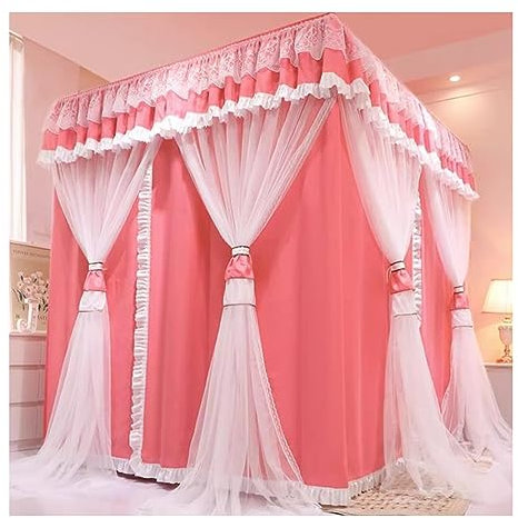 Betthimmel 4 Ecksäulen, quadratisches Betthimmel-Moskitonetz für einzelne Queen-Size-Betten, rosa-weißes doppelschichtiges dekoratives Bettvorhang-Halterungsset (Size : 180X200X210CM)